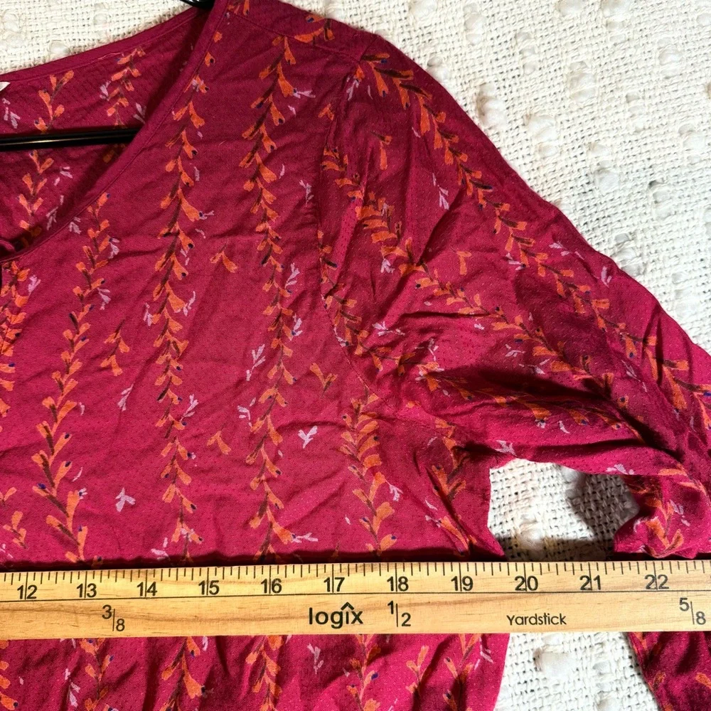 Lucky Brand Top Small Burgundy Wrap-Front Tie Neck Long Sleeve‎ Bohemian